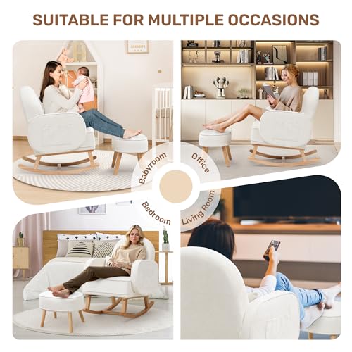 Image of HCHAIRH Rocking Chair with Ottoman, Upholstered Glider Rocker with High Backrest and Side Pocket, Comfy Chenille Reading Chair with Solid Wood Legs for Nursery, Living Room,Bedroom Beige