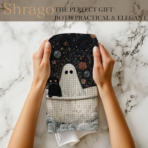 Image of Ghost and Black Cat in Bathtub Bathroom Halloween Hand Towels, Halloween Bathroom Decor, Dark Academia Floral Gothic Ghost Cat Hand Towels for Bath Room Washroom, 16x24 Inch