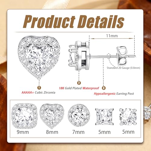 Image of 5 Pairs 14K Gold Plated Stud Earrings for Women, Hypoallergenic Earring Sets for Multiple Piercing, Premium Cubic Zirconia Studs Earrings for Women