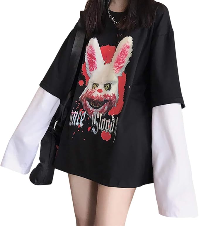 Amazon 血まみれのウサギ 長袖tシャツ トップス レディースファッション 病みかわいい 韓国風 原宿系 ストリート系 ウサギプリント 大きいサイズ ラウンドネック 春秋冬 ホワイト ブラック Tシャツ カットソー 通販