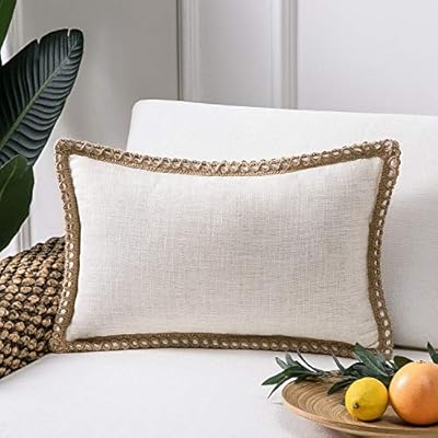 Phantoscope Farmhouse Solid Throw Decorative Pillow Cover Burlap Linen Trimmed Tailored Edges Outdoor Pillow Off White 1 Pack 12 x 20 inches, 30 x 50 cm