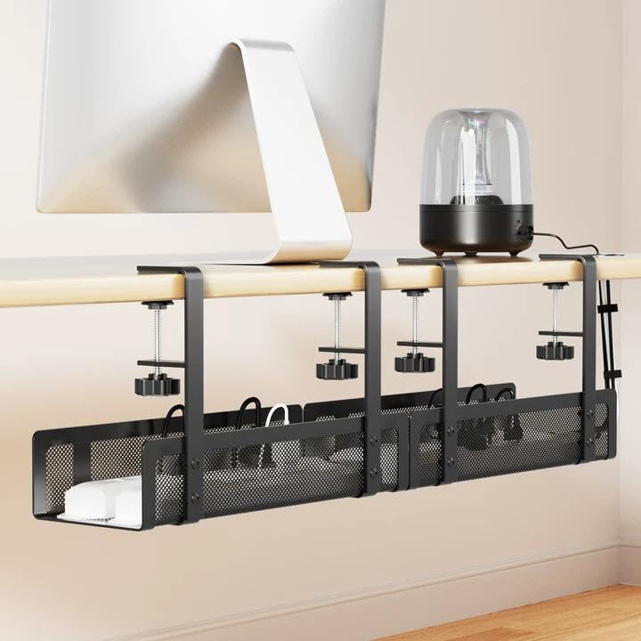 [Upgraded] 2 Pack Cable Management Under Desk Tray, Xpatee 27.6' No Drill Open Slots Cable Management Tray, Cord Wire Organizer Box with Clamp for Table Thickness up to 3' - No Desk Damage(Black)