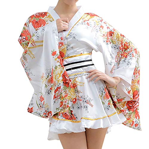 Kimono Bathrobe Costume Japanese Traditional Yukata Cosplay Women's Sexy Sakura Pattern (White)
