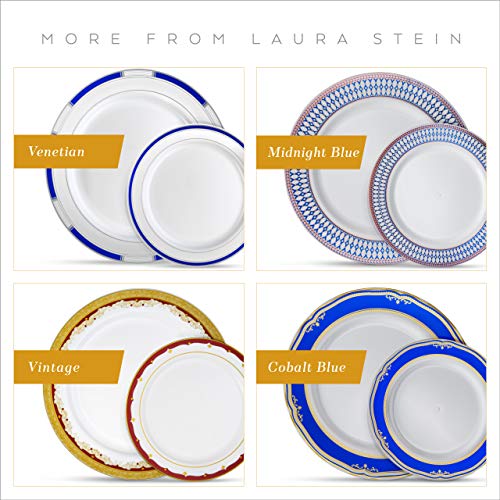 Laura Stein Designer Dinnerware Set | 32 Disposable Plastic Party Plates | White Plate With Gold Rim & Brushed Grey Accents | Includes 16 X 10.75" Dinner Plates + 16 X 7.5” Salad Plates | Traditional #TOP7