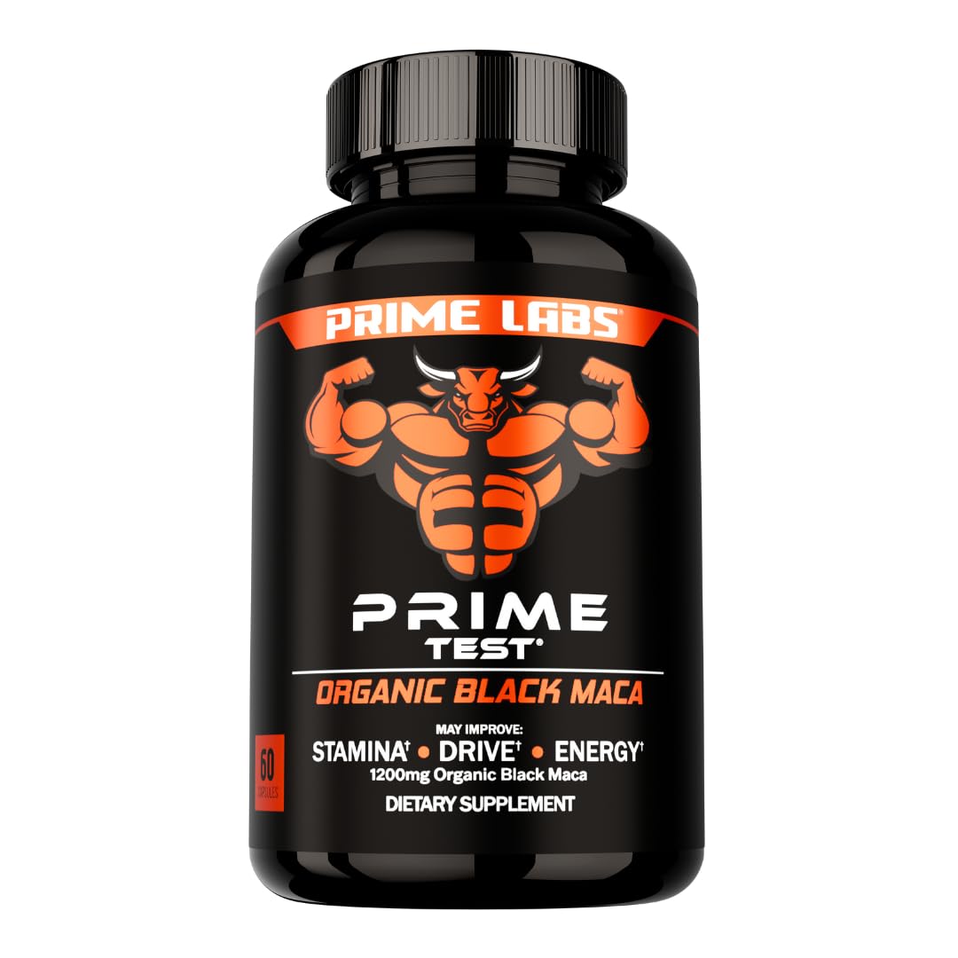 Prime Labs Organic Black Maca Root Capsules 1,200mg - Stamina, Drive, Energy, Vitality - Peruvian 20:1 Extract - for Men & Women - 60 Count