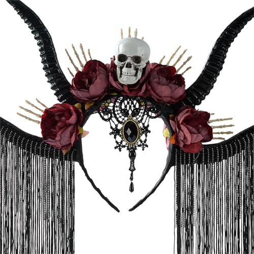 Serre-tête tête de mort Halloween cornes d'antilope et fleurs noires coiffe adulte - 4