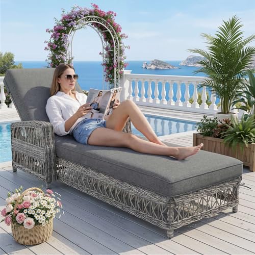 EURHCIO Chaise Longue Bain de Soleil en Osier 190x70x58cm,Fauteuil Relax,Transat Jardin Exterieur avec Dossier Réglable,Coussin Amovible,pour...