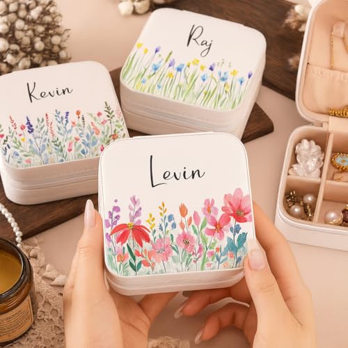 Image of PRIMIT Personalized Jewelry Box with Name & Birth Flower - Custom Travel Jewelry Organizer Case - Bridesmaid, Birthday, Christmas Gift for Women & Girls (Peach)