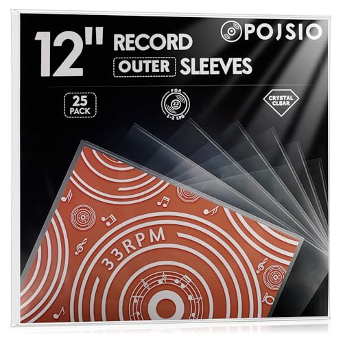 POJSIO 12 Pouces Pochette Vinyle 33 Tours Extérieur, 25 x Pochette Plastique Disque Vinyle Transparent pour 33T Albums et Simple/Double Vinyles, Durables Polypropylène Protege LP Vinyles Protection