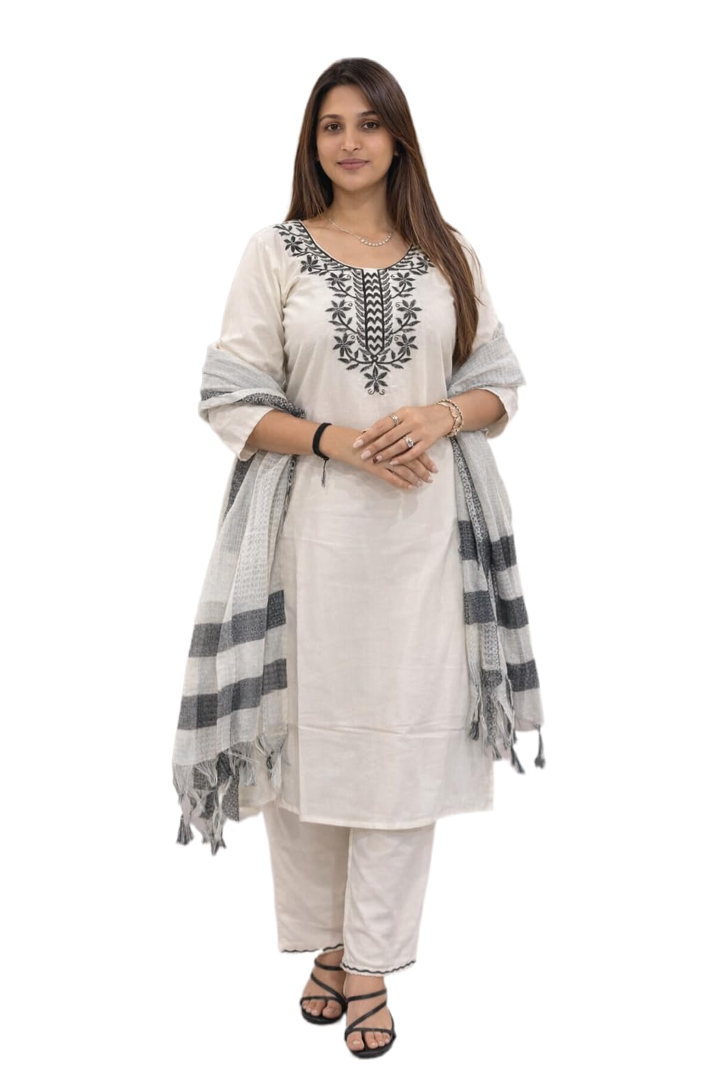 Women's Khadi Cotton Kurta Pant Set with Dupatta, Off-White, Black Floral Embroidery, Straight Fit Ethnic Suit-image-6
