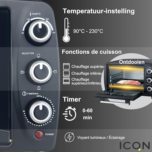 ICQN Mini-four compact 15 litres, 1 200 W, minuterie 60 minutes, 3 fonctions de cuisson, 90 °C à 230 °C, petit four de camping, anthracite, garantie 2 ans – Image 4