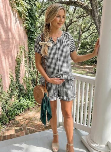 BLENCOT Maternity Pajamas Set Button Down Gingham Sleepwear Tops and Shorts 2 Piece Lounge Sets Pregnancy Clothes for Women Black Small — view 2