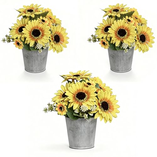 SVENJBB 3-Pack Artificial Sunflower Arrangement in Galvanized Metal Pot Faux Sunflower Bouquet with Daisies & Greenery Farmhouse Table Centerpiece Home Dcor 9.5 Inch Height