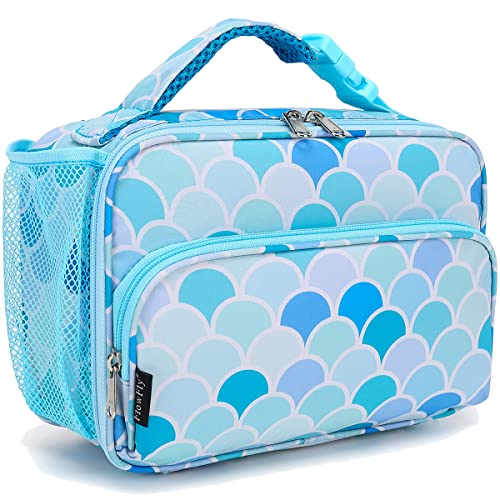 FlowFly Kids Lunch box with buckle Insulated Cooler Back to School Thermal Meal Tote Kit for Girls, Boys (Mermaid)