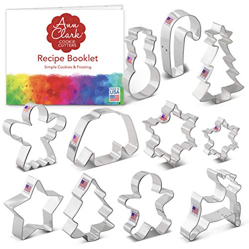 Ann Clark Cookie Cutters 11-Piece Winter Christmas Cookie Cutter Set with Recipe Booklet Snowflake Sweater Snowman Gingerbread Boy Christmas Tree Reindeer and More