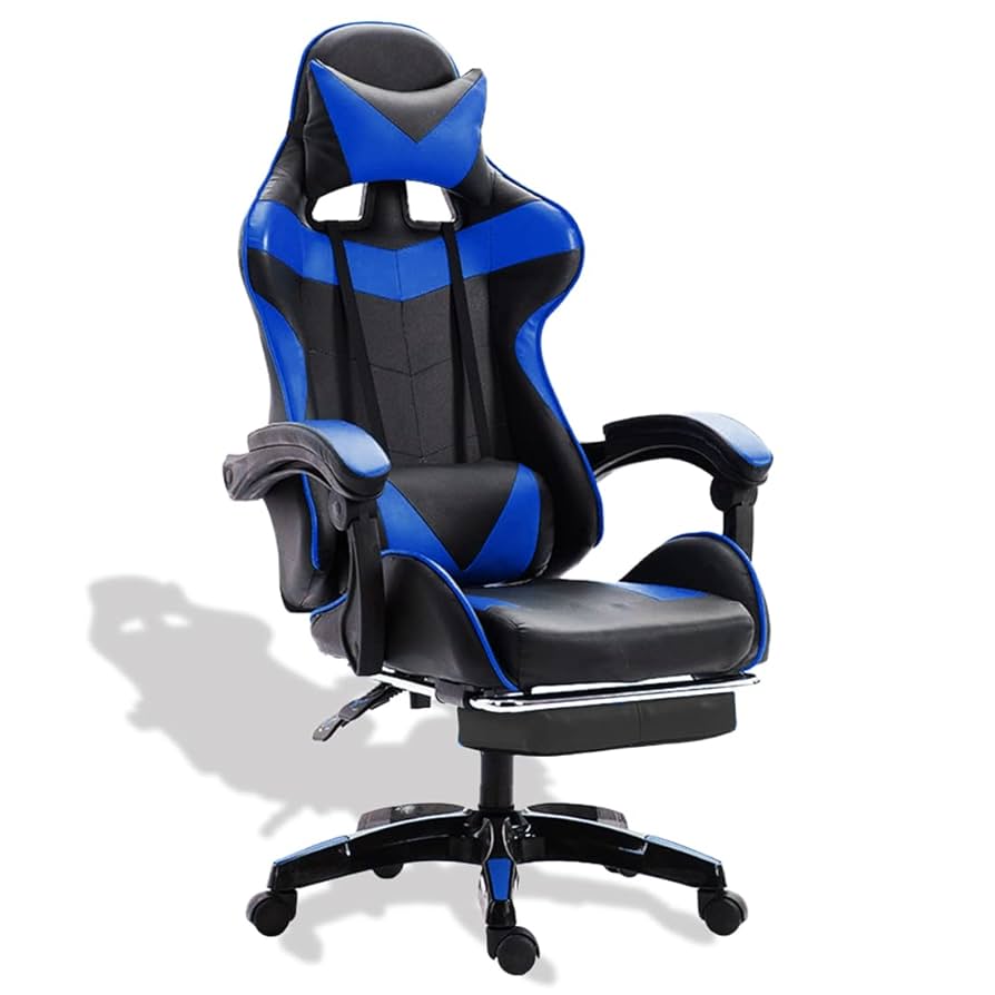 【人気】ゲーミングチェア オフィスチェア リクライニングチェア オットマン付 青 人気】ゲーミングチェア オフィスチェア リクライニングチェア