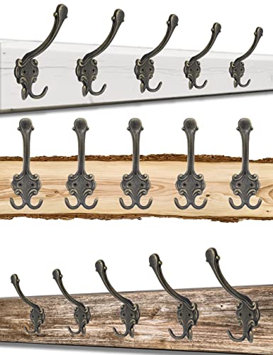Fuxxer Classic Coat Hooks, Double Hooks, Hat Hooks, Clothes Hooks, Antique Design, Set of 5, Bronze (Large) - Image 4