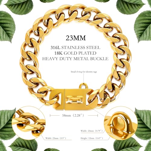 BAOBOTE Goldfarbenes Hundehalsband, 23 mm, mit kubanischem Glieder-Hundehalsband, robustes Trainingshalsband, kaufest für mittelgroße Hunde (45,7 cm, Gold)