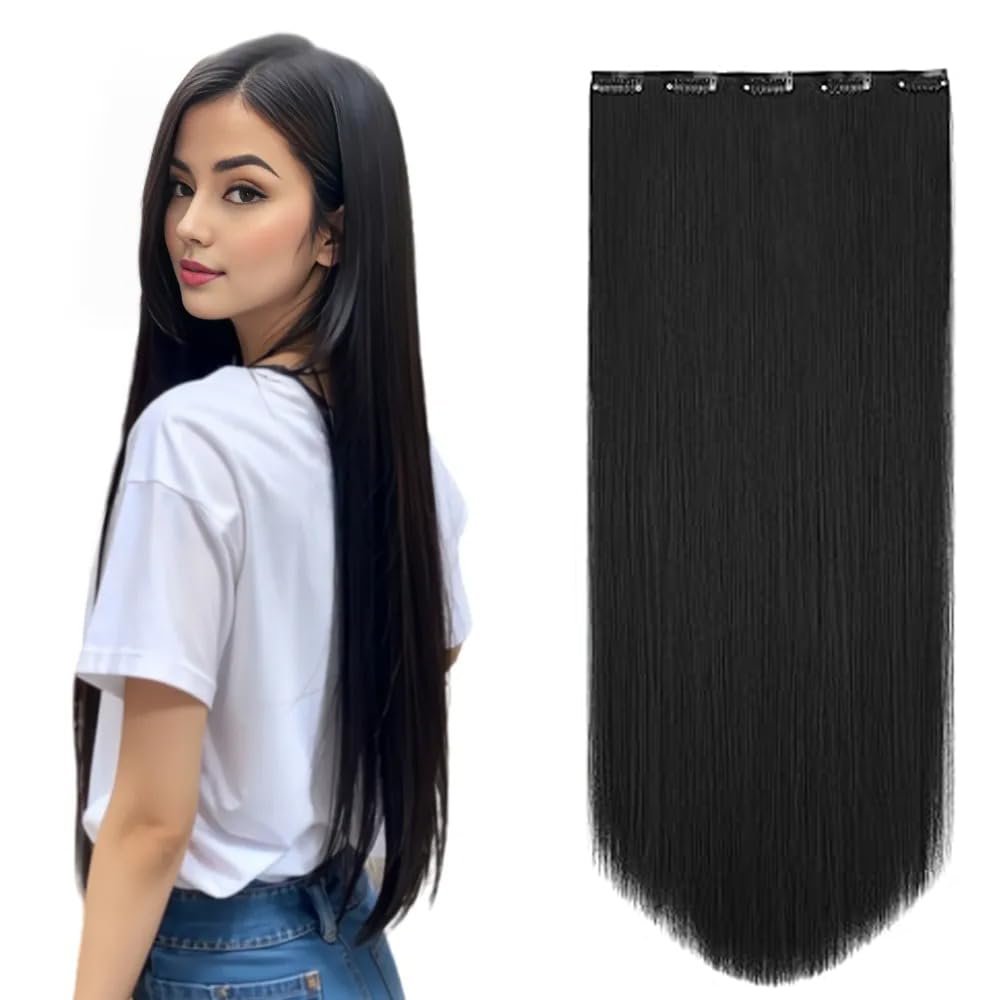 BLUSHIA Women's Full Head 22 Inch Hair Wig - Synthetic Natural Straight Black Hair Pieces with 5 Clip Wig Cheap Fluffy-image-38