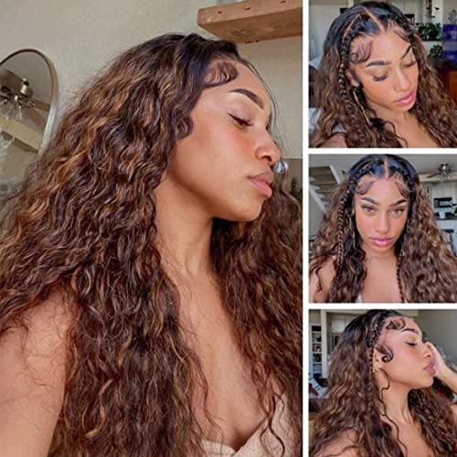 Beauty Forever FB30# Brown Balayage Water Wave 13X4 Lace Front Wigs Human Hair Highlight Colored Wigs, 20 Inch Free Part Glueless Pre Plucked With Baby Hair Human Hair Wigs 150% Density