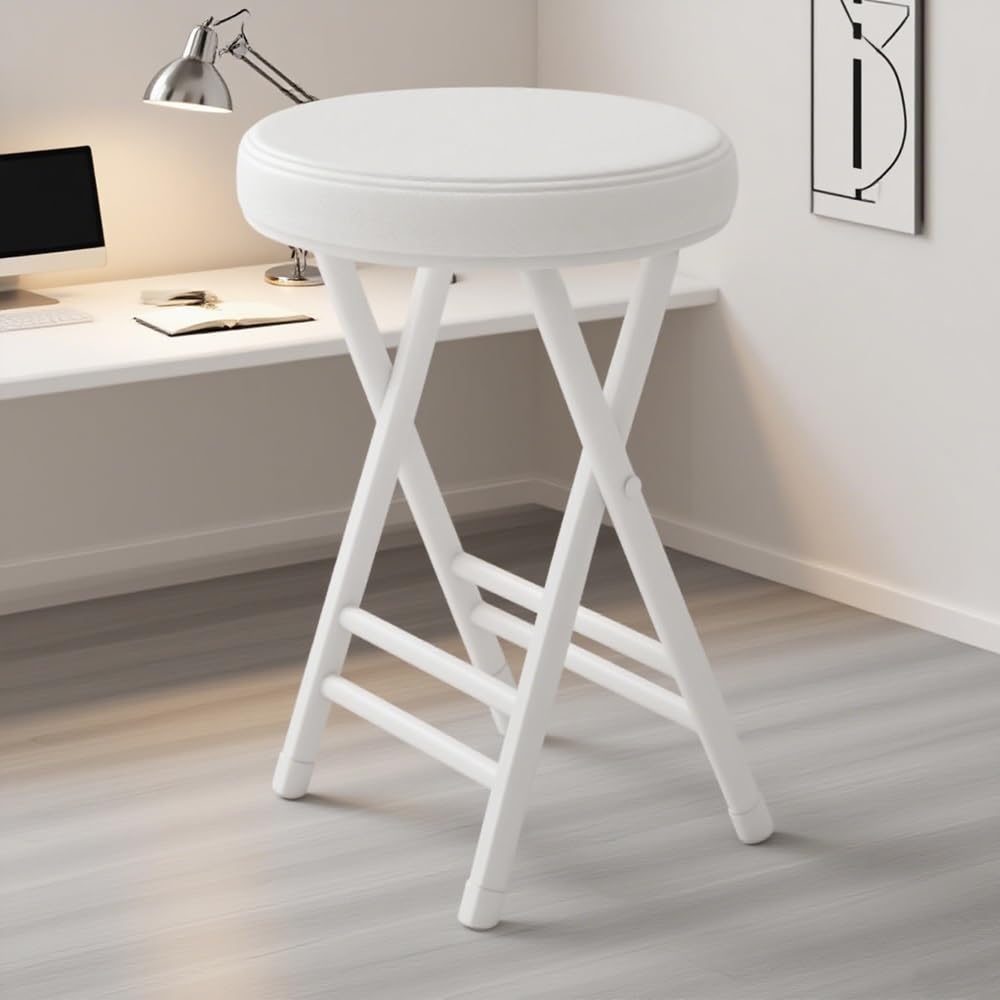 Taburete plegable de 20 pulgadas, silla redonda acolchada portátil para cocina, bar, camping, asiento plegable resistente, capacidad de 330 libras, color blanco
