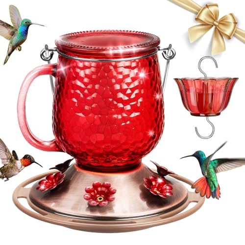 Kingsyard Glass Hummingbird Feeders for Outdoors, 16 Oz Wild Bird Feeder 6 Feeding Ports & Ant Moat Included, Hanging Bird Nectar Feeder Garden Red Décor Gifts for Mom, Red