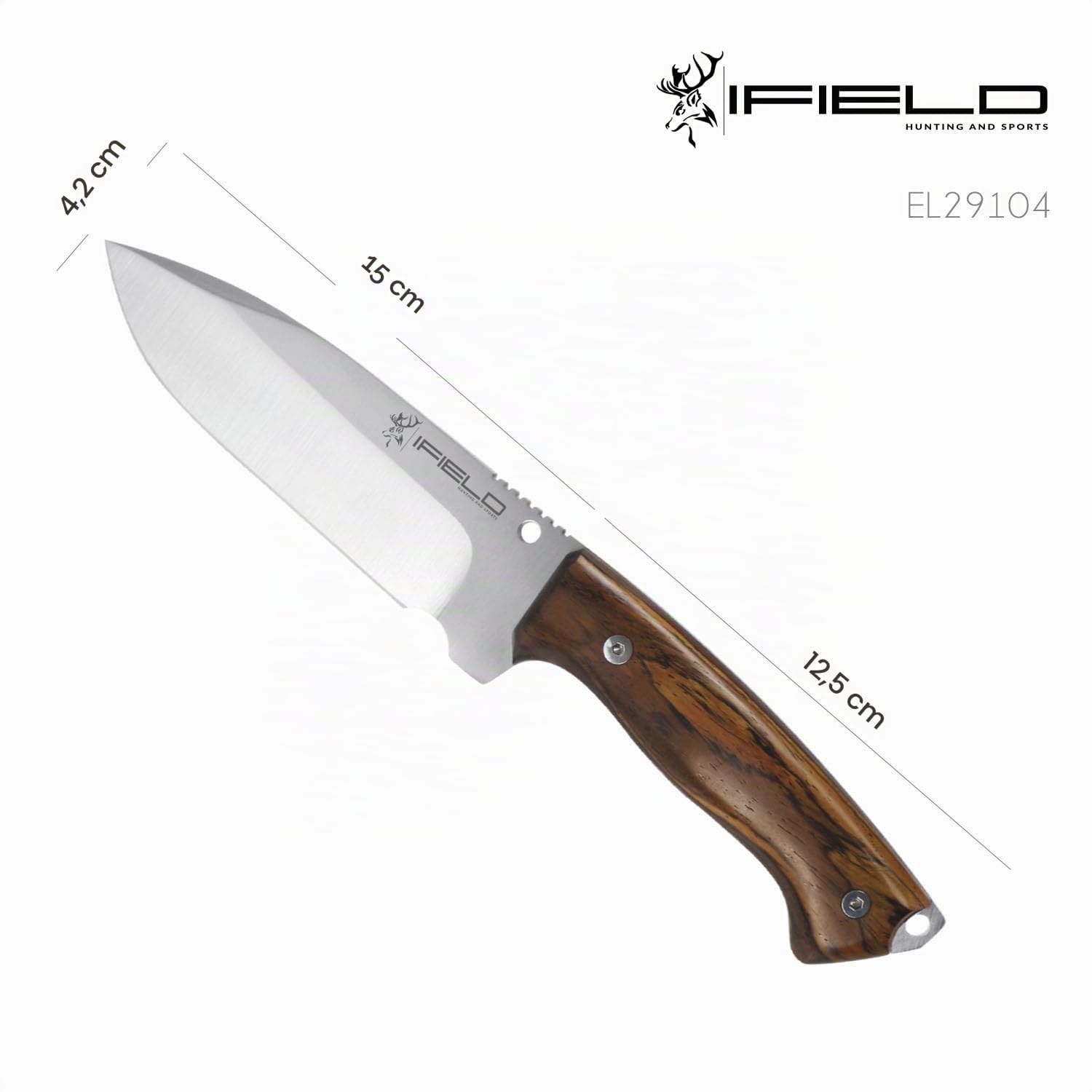 iFIELD EL29104 Multifunzionale escursionismo, caccia e sopravvivenza coltello per l'esterno, manico in legno Cocobolo con acciaio inox MOVA-58, fatto in Albacete (Spagna)