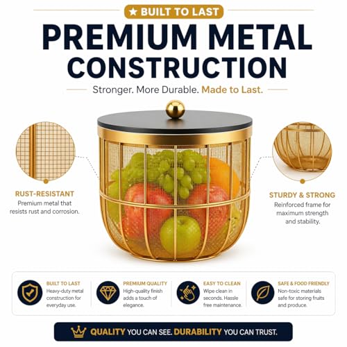 Image of Luxury Gold Metal Fruit Basket with Lid, Modern Wire Mesh Storage Bowl for Kitchen Counter, Decorative Fruit Holder for Dining Table, Rust-Resistant Organizer for Fruits, Vegetables & Snacks