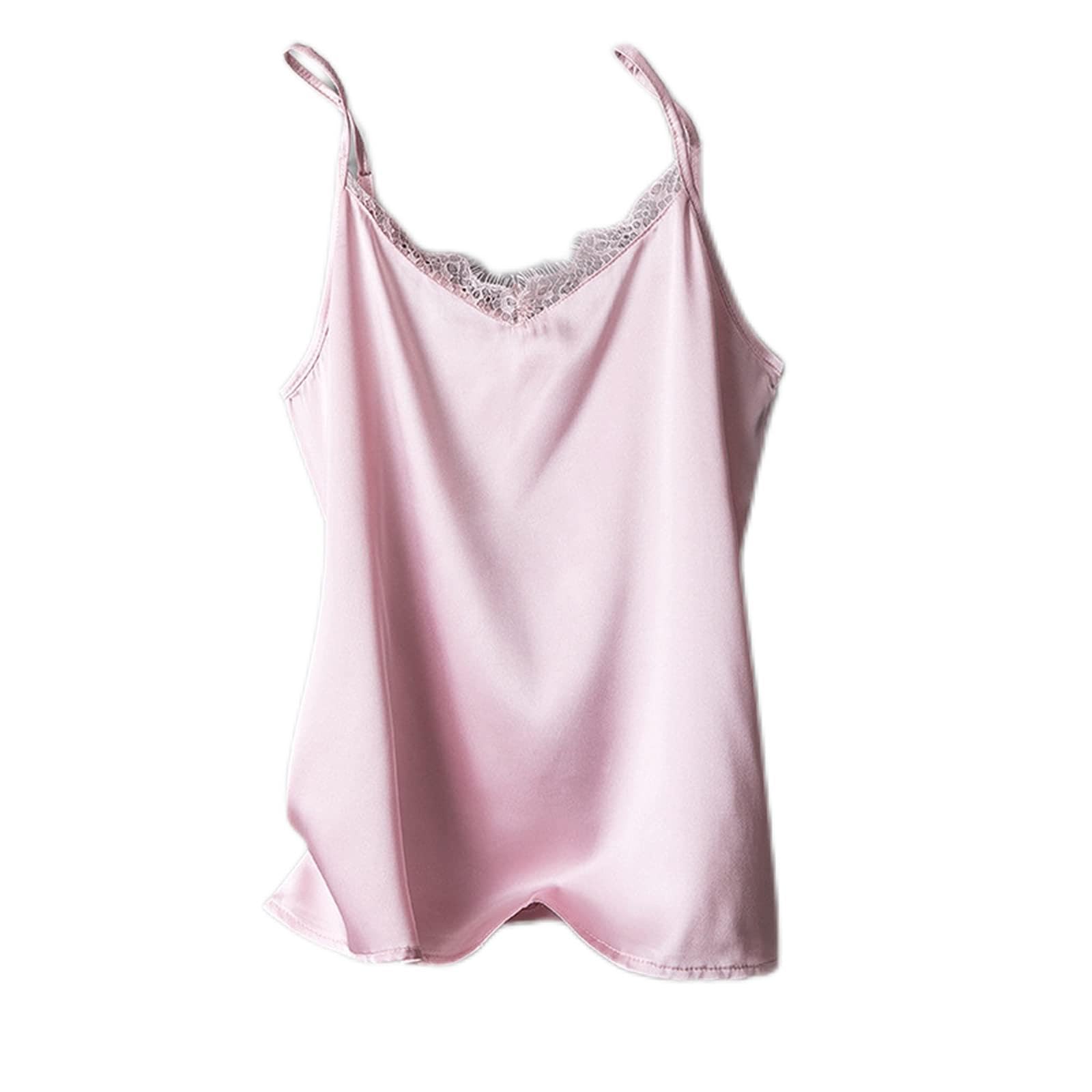 Camisola De Satén para Mujer, Elegante Camisola De Satén De Seda con Cuello En V con Costuras De Encaje, Cómoda Camisola Sin Mangas De Verano Camiseta Sin Mangas Blusa Sin Mangas,Champagne,S
