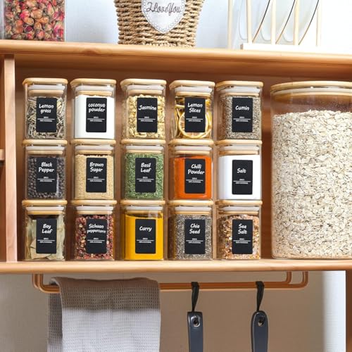 Image of Spice Jars with Airtight Bamboo Lid | 220 ml Glass Spice Bottles, Seasoning Containers for Salt, Sugar, Coffee Beans | Set of 12 square Jars with Wooden Lids | with spice masala lables