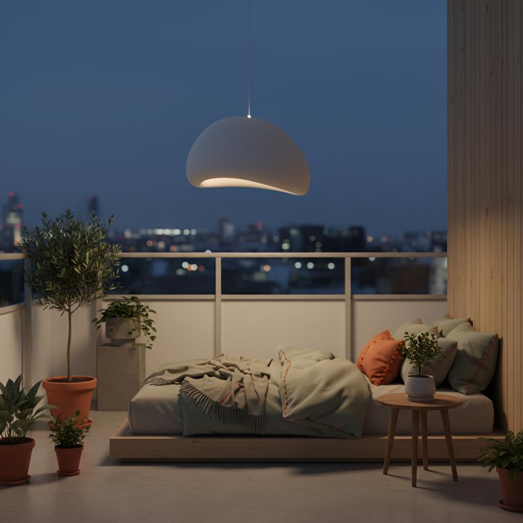 BARCELONA LED Lámpara colgante Wabi Sabi grande 50cm, diseño japonés moderno estilo industrial y clásico, pantalla escultórica de resina efecto piedra para salón, comedor o dormitorio E27