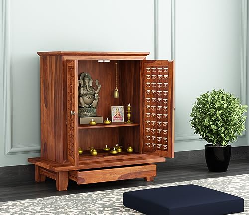 Image of Wudniture Sheesham Wood Bhagavati Handcrafted Home Mandir /Temple (Honey Finish) | Wooden Pooja Mandir for Home & Office