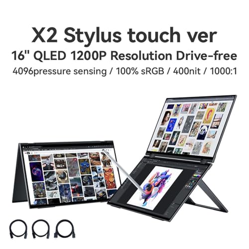 Image of EHOMEWEI X2 Pro 16'' Dual Screen Portable Monitor 2.5K 2560*1600 Foldable Laptop Screen Extender, Dual Touchscreen with 4096-Level Stylus, USB-C HDMI, for MacBook Windows PC Switch PS5, CNC Aluminum