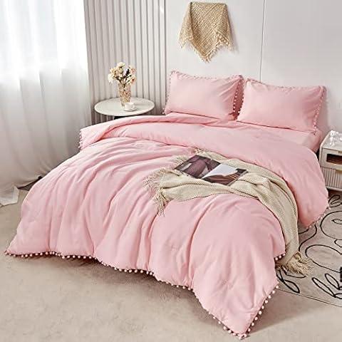 PERFEMET 5 Pcs Pink Pom Pom Comforter Twin Size Aesthetic Boho Pom Fringe Bedding Set with Sheet Ultra Soft Lightweight Farmhouse Bedding Quilt Set for Girls Kids(Pink, Twin) Cover