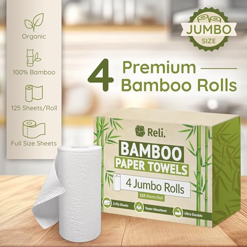 Reli. Bamboo Paper Towels (4 Pack, Jumbo) | Paper Towels Rolls 2 Ply | 125 Sheets/Roll, Full Size Sheets | Unbleached, Organic Rolls for Kitchen, Bathroom | 100% Bamboo