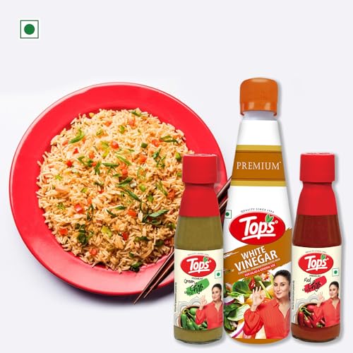 Image of TOPS Red Chilli Sauce 200 gm + Green Chilli Sauce 200 gm + Vinegar White - 610 ml (Combo Pack of 3)