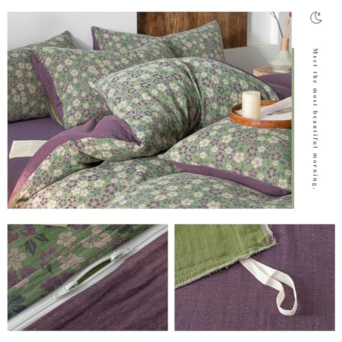 Image of VM VOUGEMARKET Green & Purple Floral Jacquard Duvet Cover Set Queen,Breathable Double Layer Gauze Farmhouse Style Bedding Set for Home