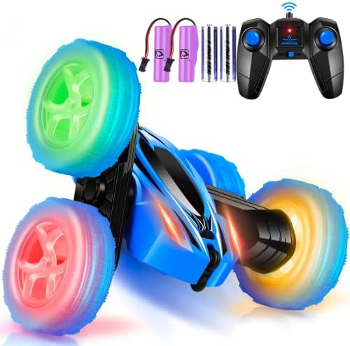 Flymevac Remote Control Car, 360° Rotating RC Stunt Cars with Wheel Lights and Headlights,4WD 2.4Ghz Double-Sided Fast and Flips RC Cars for 6-12 Year Old Kids Xmas Toy Cars Gift for Boys Girls(Blue)