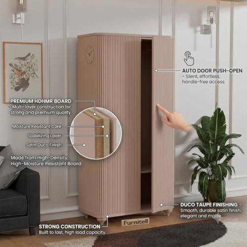 Image of 2 Door Wardrobe Almirah for Bedroom, 72 Inch | Premium HDHMR Wooden Cupboard with Hanging Rod & Storage Compartments | Fluted Push-to-Open Clothes Organizer Cabinet | Taupe Finish