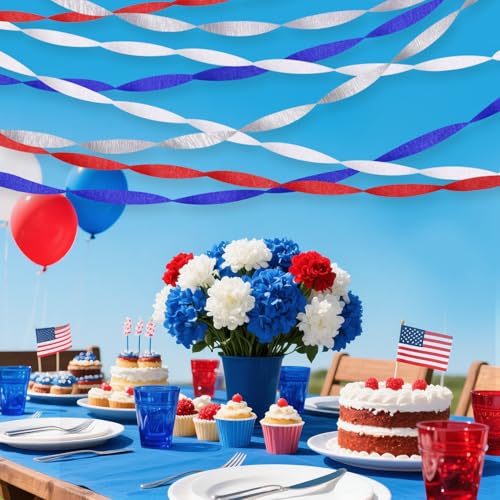 Image of Red White and Blue Decorations, 8 Rolls Streamers Party Decorations Crepe Paper Streamers for 4th of July, Patriotic Decorations, Memorial Day, Birthday Party Decor