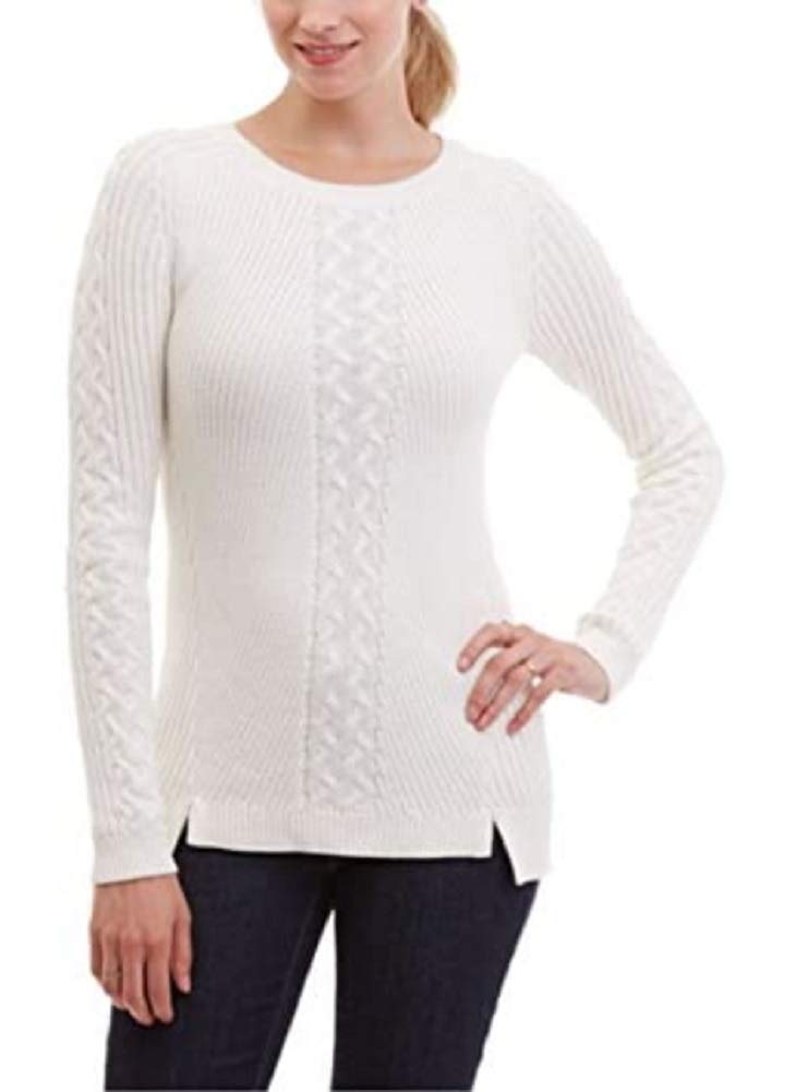 Nautica Womens Single Cable Knit Tunic Sweater Large White