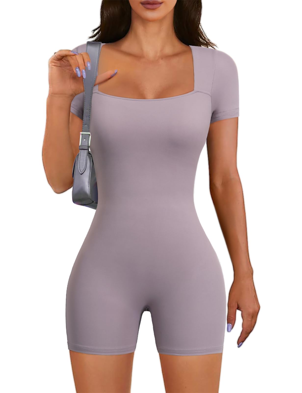 CMTOP Mono Mujer Corto Mono Deportivo Manga Corta Cuello Cuadrado Mono de Verano Sexy Una Pieza Yoga Jumpsuit Casual Monos Cortos Elegante Elastico Romper