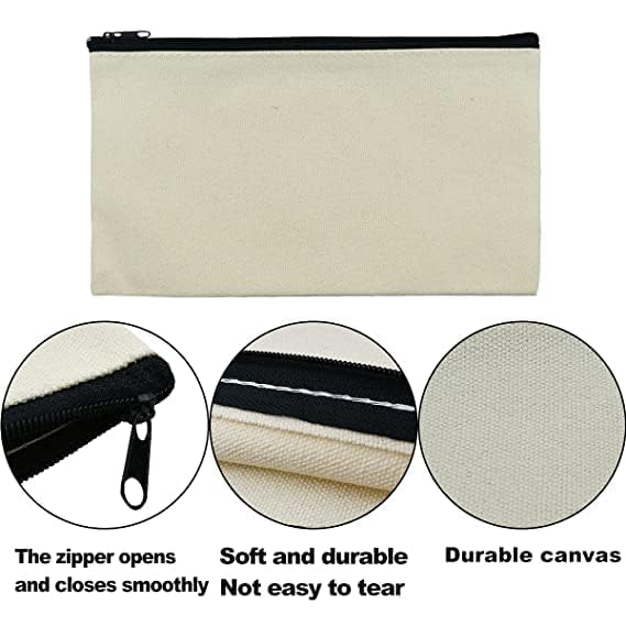 Dhamee Cotton Canvas Bags for Crafts White Blank DIY Makeup Bags Pencil Case Canvas Pouch for Travel, Party Gift,Travel Toiletry with Black Zipper Makeup Bag Cosmetic Bag Multipurpose (10) 1