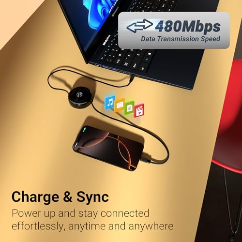 Image of Zebronics Type C - Type C Retractable Cable, 60 Watts, Upto 480Mbps Data Sync, Fast Charging, 1 M, Compatible with iPhone 15 & 16 Series, iPad, MacBook, Samsung, Android (Wattz 60RCC1, Black)