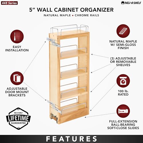 Image of Rev-A-Shelf Maple Pullout Organizer for Wall Kitchen Cabinets, Full Extension Slides & Adjustable Shelves, Min Opening Width of 5.5 inch, 448-WC-5C