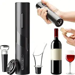 Kit Abridor de Vinho 4 em 1 Elétrico Premium – Saca Rolha Automático, Cortador de Lacres, Aerador e Rolha a Vácuo | Portátil, Reutilizável, Ideal para Presentear, Elegância na Hora de Celebrar