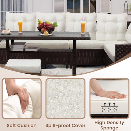 Image of KROFEM 6 Piece Patio Furniture Set, Dining and Conversation Set, Beige | UV Treated Wicker, Machine Washable Cushions, Seats 7, 2 Ottomans, 3 Sofa Section, Dining Table, Rustproof Frame