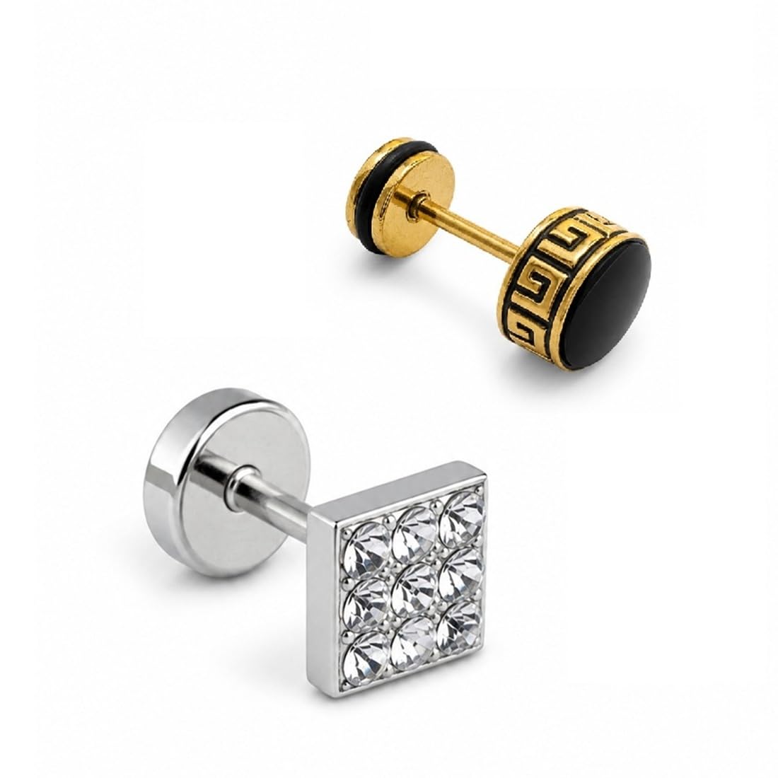 adhvik Combo of Men Silver Square & Golden Round Black Ear Earrings & Studs, Crystal Stone Design, Trendy Daily & Wear-picture-27
