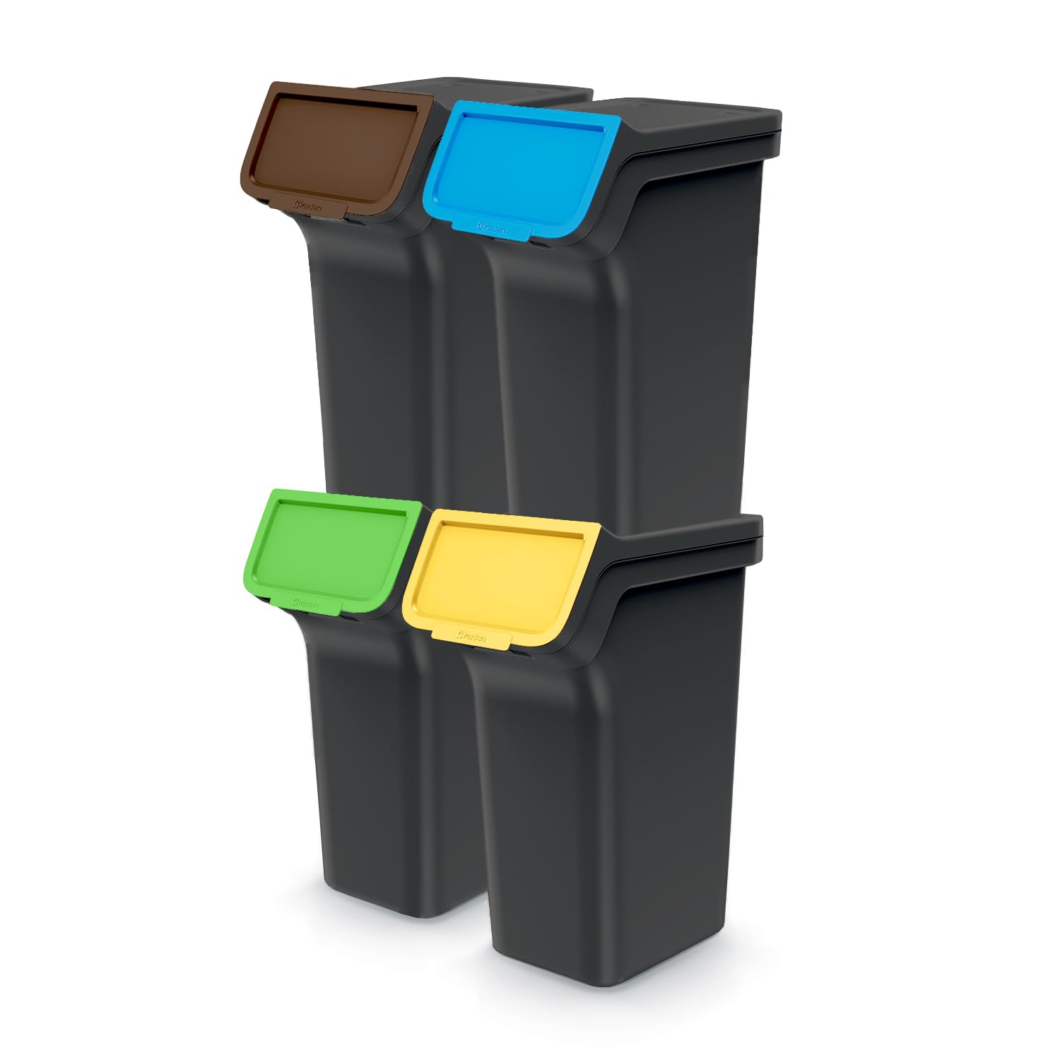 Set di 4 Bidoni Cestini Pattumiere StackBox | Neri | Impilabili | Raccolta Differenziata Riciclaggio | in Plastica | 100 Litri (4x25L) | per Casa Interni