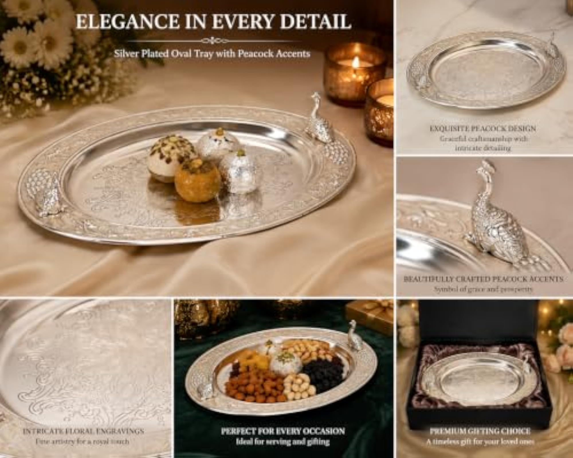 Silver Color Metal Peacock Tray, Stylish Serving Plate